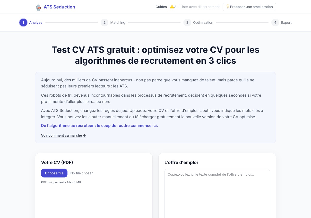 Page d'accueil d'ATS Séductions, outil d'analyse de CV
