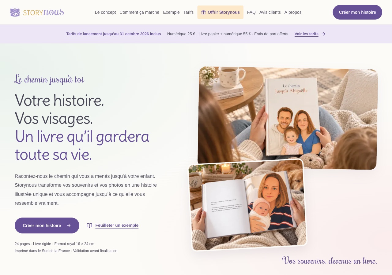 Page d'accueil de Storynous, livre personnalisé qui raconte l'histoire d'une famille