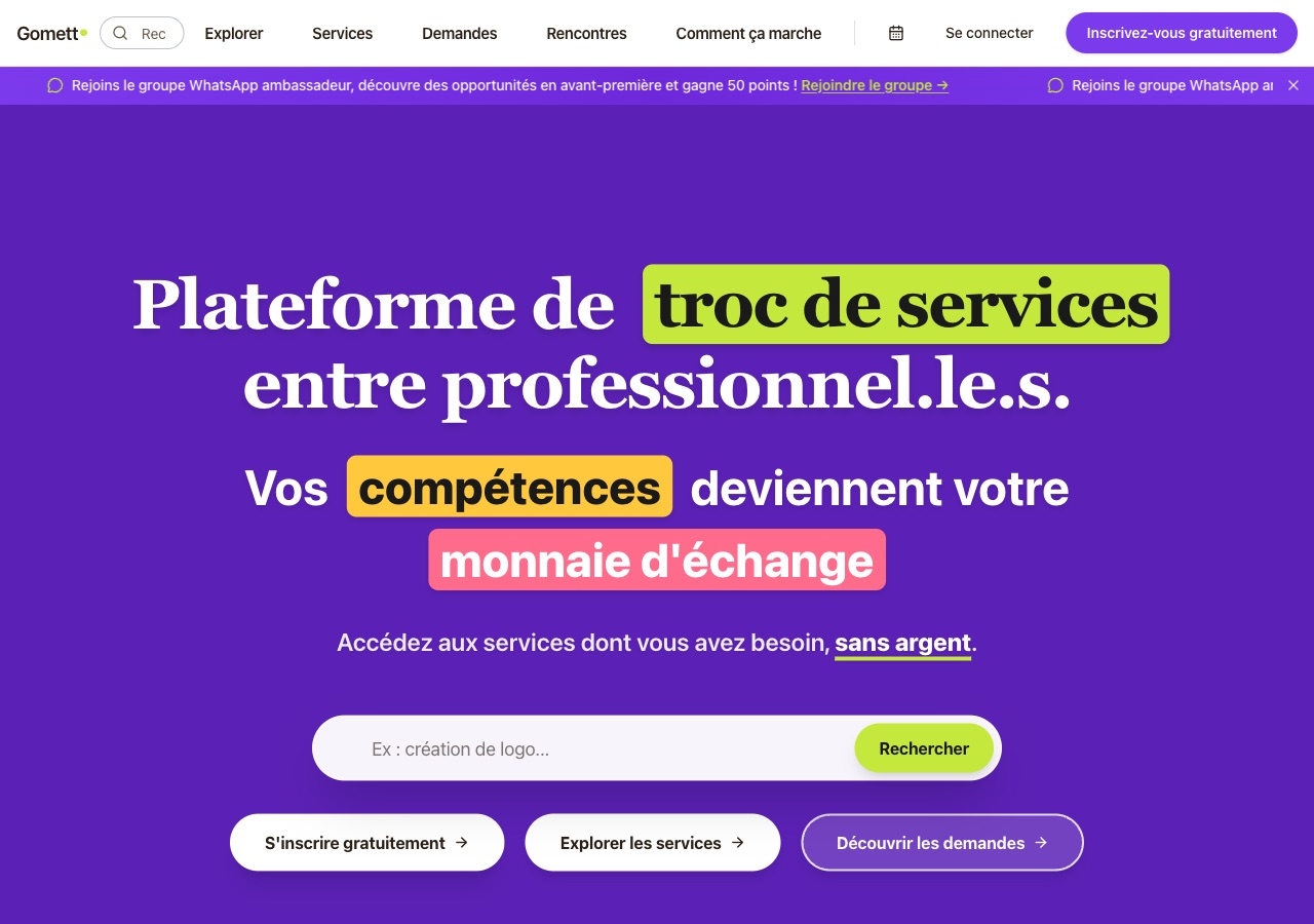 Page d'accueil de Gomett, plateforme de troc de services entre professionnels